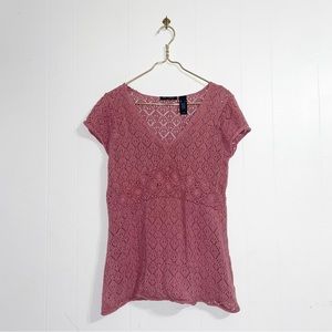 Axcess Liz Claiborne Crochet Blouse Top Rose Mauve XL Y2K Bohemian Boho Festival